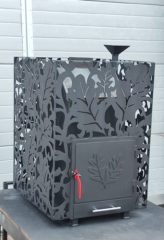 Sauna stove medium with closed stone storage, without water tank, with metal door, with heat exchanger, heated from the sauna room